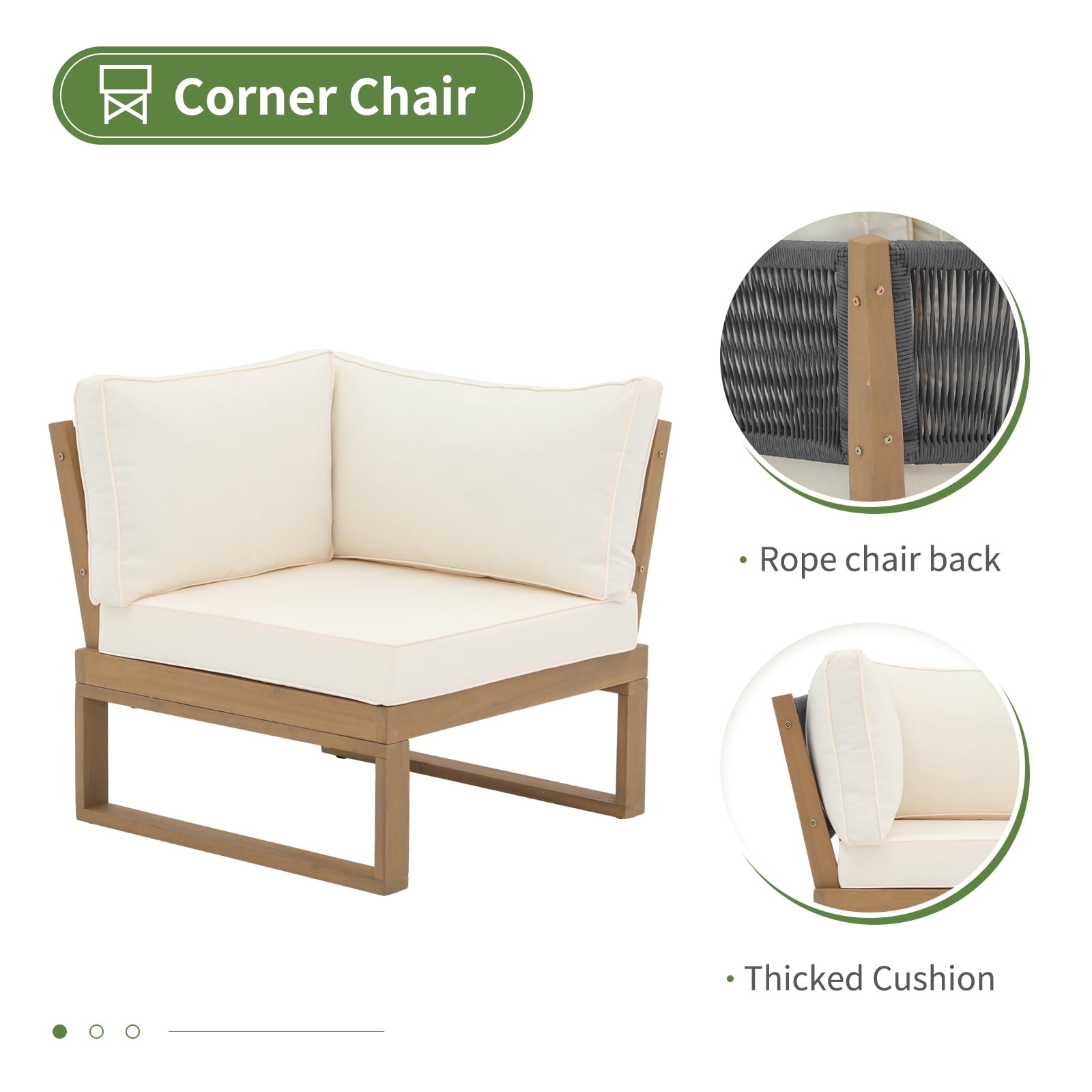 JOIVI Outdoor 4-Piece Acacia Wood Furniture Set, All-Weather Patio Sectional Sofa Set, Rope Lounge Couch with Wood Table, Cream White Cushion