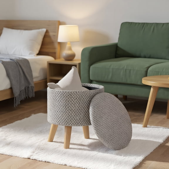 Kadyn Ottoman Bench, Bench Ottoman,Round Ottoman Stool with Storage, Linen Upholstered Foot Stool with Padded Seat, Light Gray