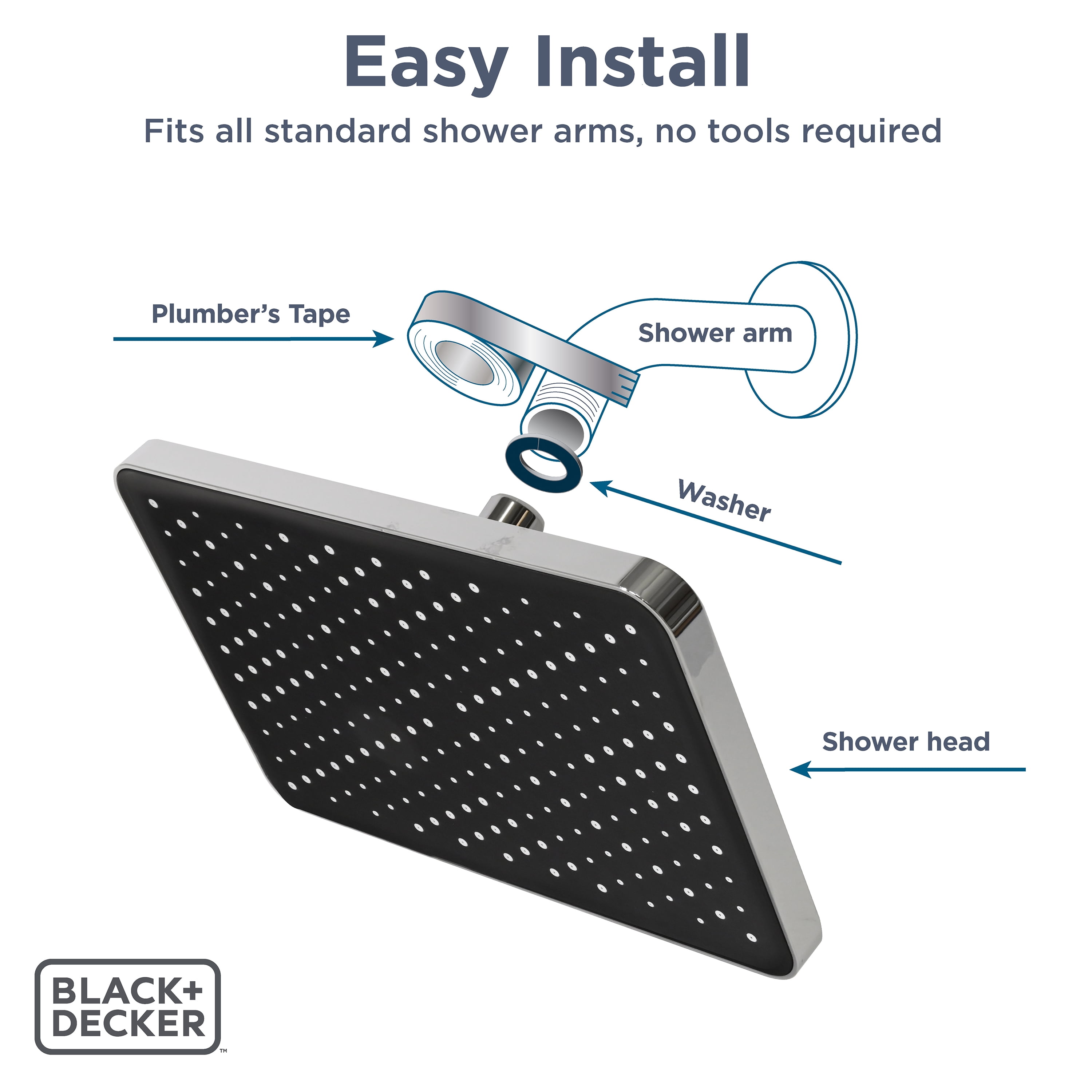 BLACK+DECKER Oversized Rainfall Shower Head, Chrome