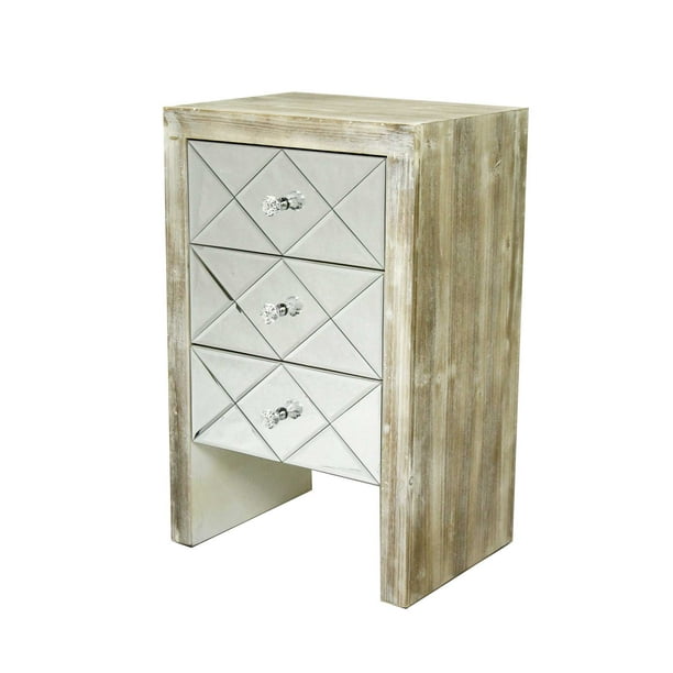 28' White Washed Wood Accent with 3 Mirrored Glass Drawers