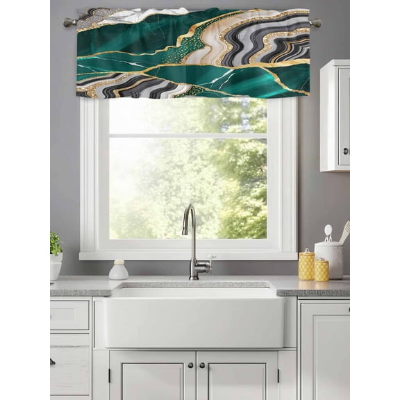 Abstract Flowing Marble Fluid Art Valances for Windows,Kitchen Valance Rod Pocket Short Curtain,Green Gold Lines Valance Curtain Window Valances for Bedroom Living Room 42x12in