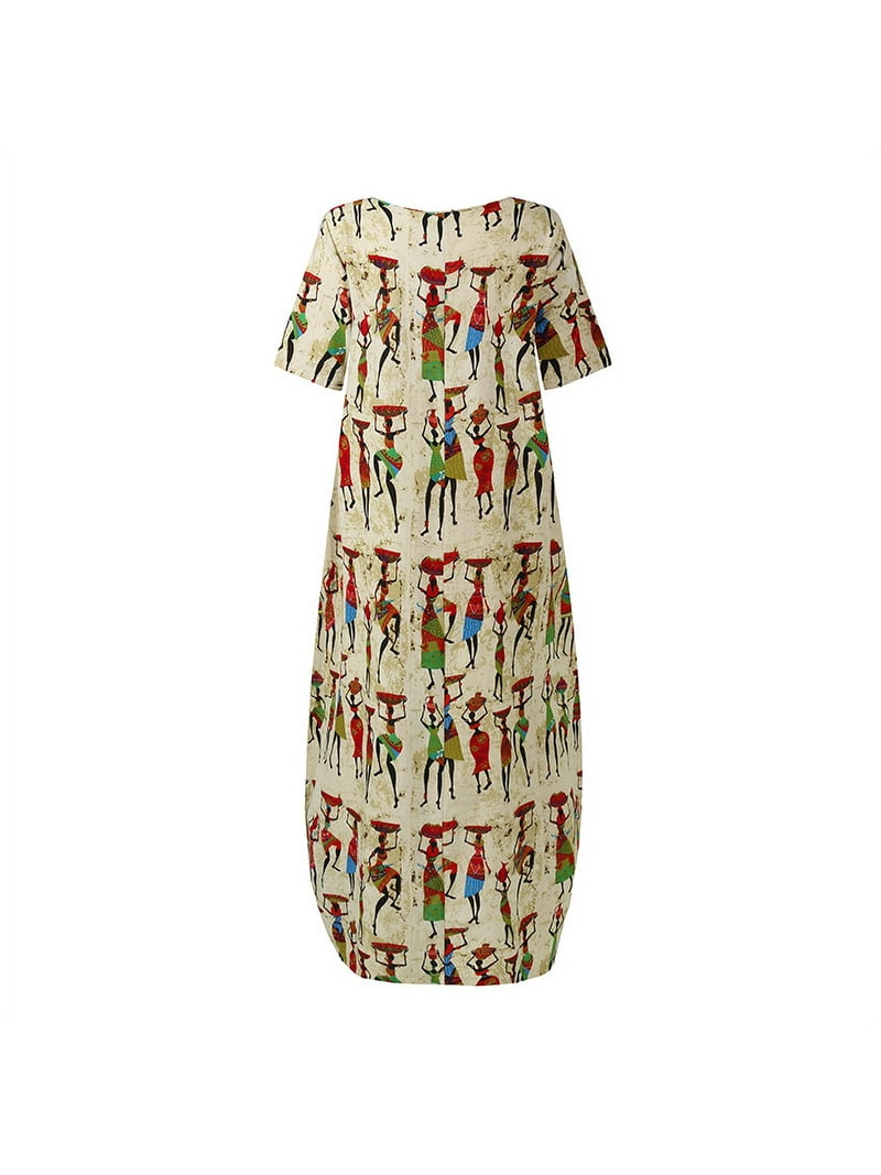 ZANZEA Women Casual Vintage Round Neck Print Loose Long Dress - Walmart.com