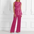 thumbnail image 4 of Summer Solid Color Lace Chiffon Floral Top and Wide Leg Pants Two Piece Outfit for Women Elegant Long Sleeve Crew Neck Wedding Guest Plus Size Watermelon Red S, 4 of 5