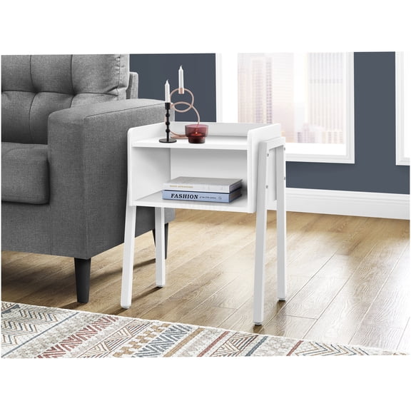 White Modern Accent Table with Storage Cubby, 2-Tier End Table for Living Room and Bedroom, Contemporary Side Table with Metal Legs