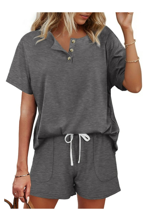 Womens Pajamas Sets Button Down Tops and Drawstring Shorts With Pockets Two Piece Lounge Sets Oufits