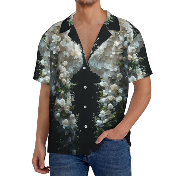 Balery Floral Angelic White Wings Camisa Casual de Manga Corta con Botones para Hombre, Texturizada, Estilo Cubano, para Playa, Verano-Medium