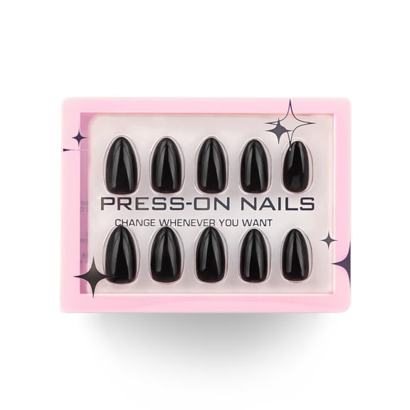 Solid black minimalist press-on nails, short almond false nails, popular gel nail tips