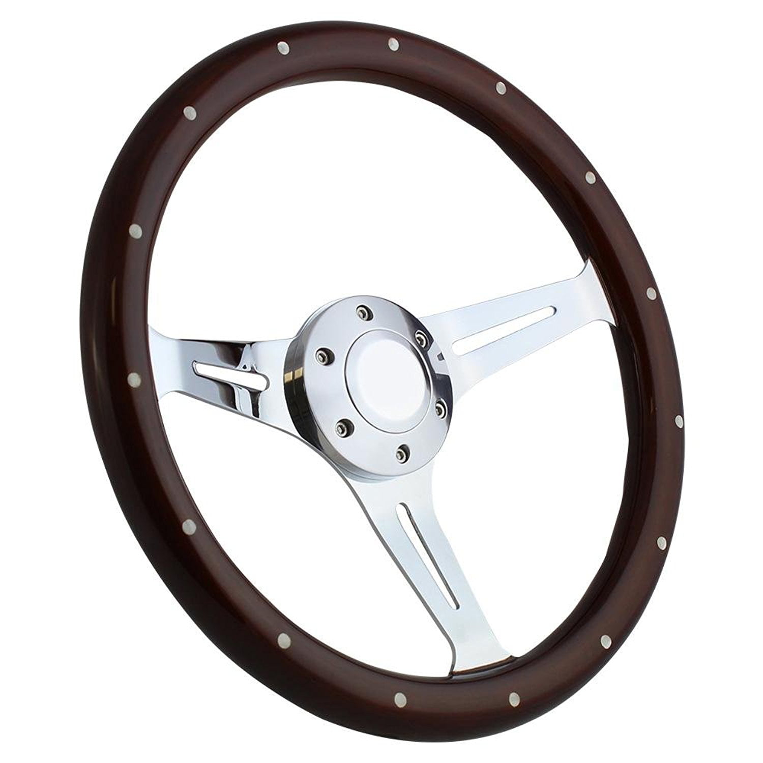 Chrome DNA MOTORING SW1504 380mm Stainless Steel Spokes Riveted Wood Grip Steering Wheel For Vehicles with Aftermarket 6-Bolt X 70mm Pattern Cherry Wood Grain