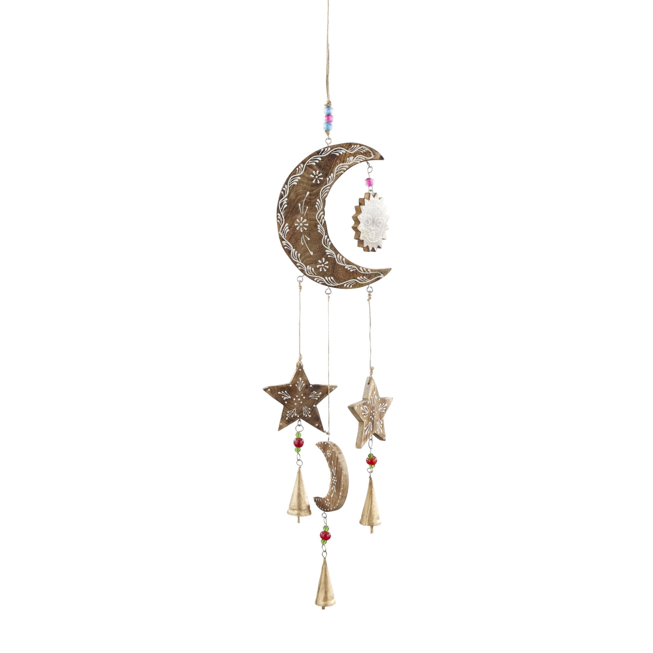 DecMode 34" Gold Mango Wood Handmade Sun and Moon Windchime with Glass Beads and Cone Bells
