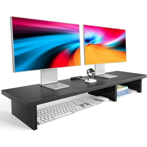 Dual Monitor Stand Riser With Cable Clip - Desktop Storage Shelf Organizer for 2 Monitors, Computer, Laptop, Printer, TV