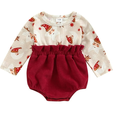 

PIKADINGNIS Baby Girl Christmas Clothes Santa Claus Print Long Sleeve Corduroy Patchwork Romper Jumpsuit Cute Fall Winter Outfit