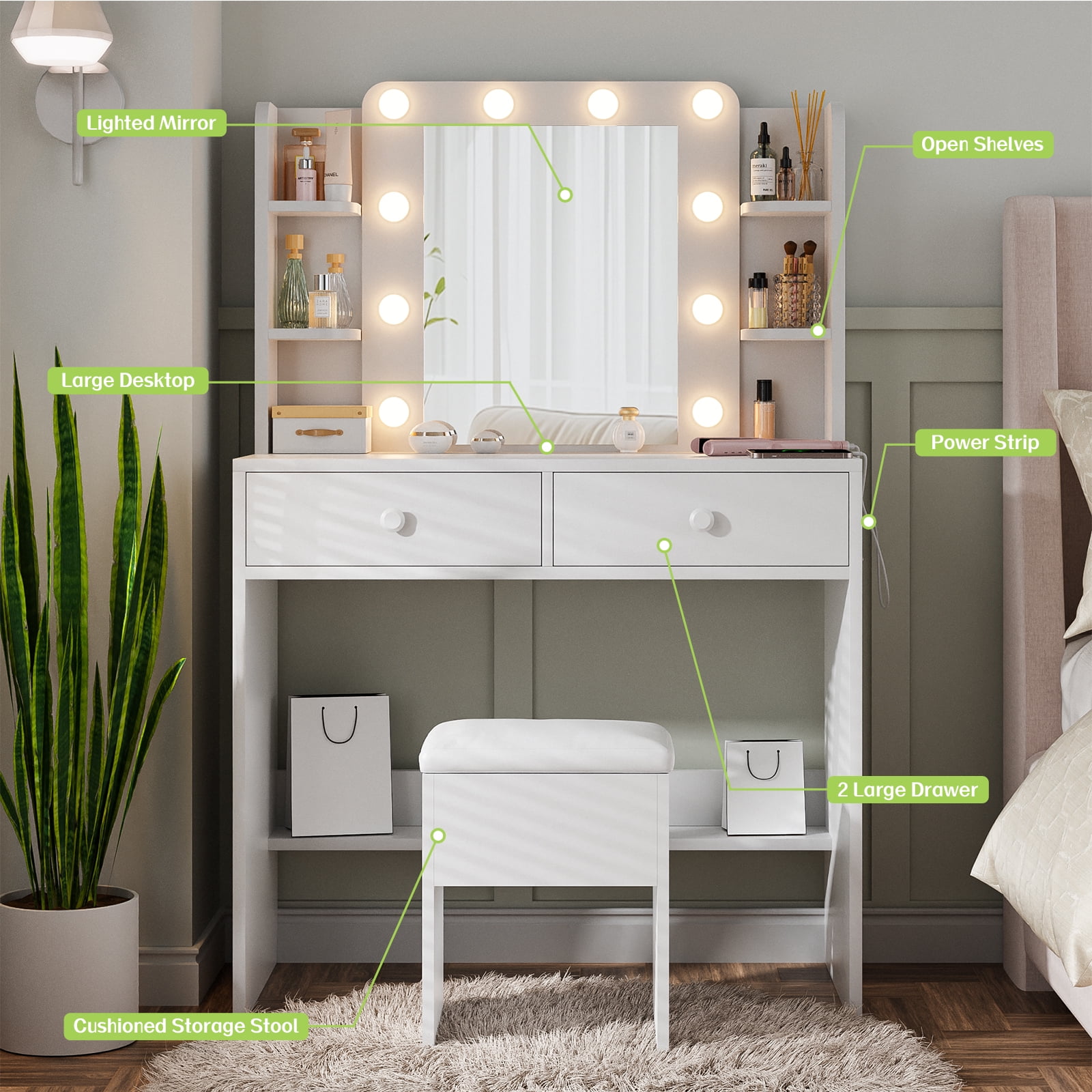 Haewon Vanity Desk with Mirror and LED Light, Power Outlets, Makeup Vanity with Large Capacity Drawers and Cushioned Storage Stool for Bedroom and Corner Space