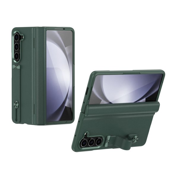 ELEHOLD for Samsung Galaxy Z Fold 3 Leather Case with Hinge,Full Body Protection with Tempered Glass Screen Protector Finger Ring Retractable Strap Kickstand Shockproof Galaxy Z Fold 3 Cover, Green