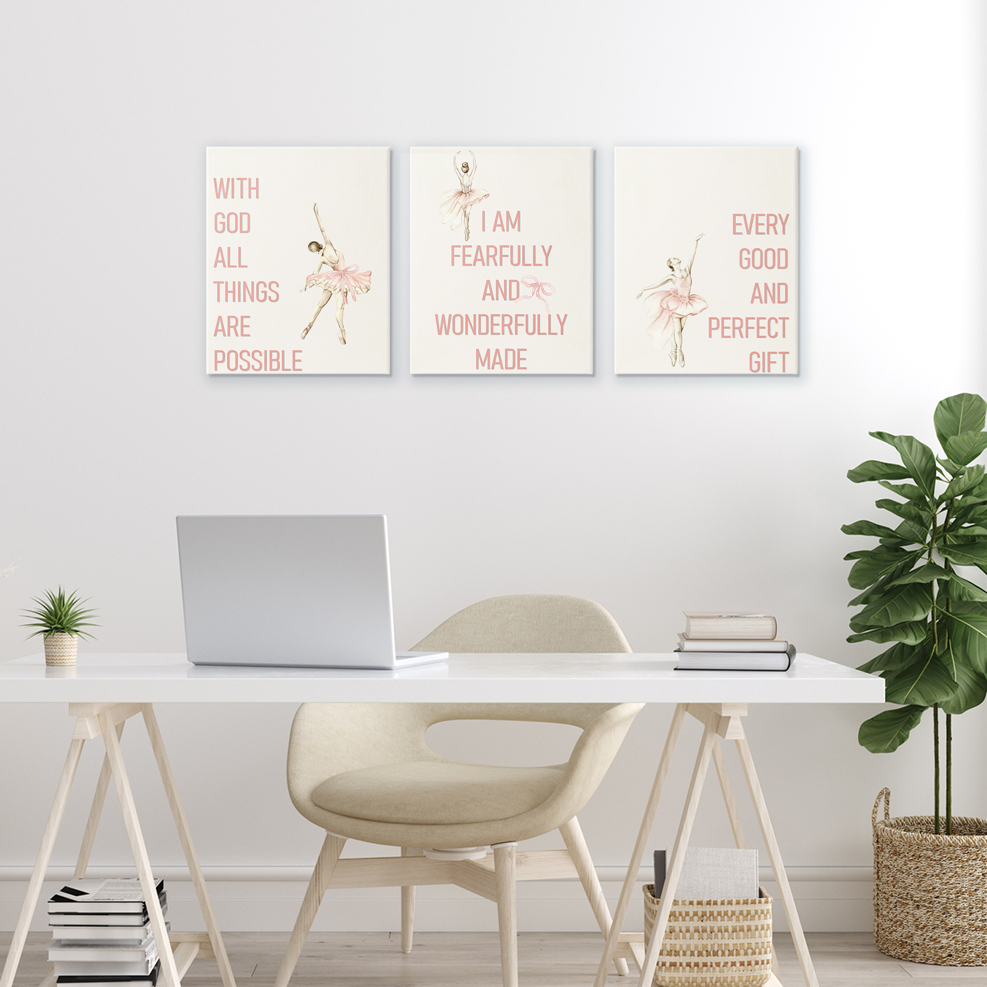 Faith Sentiments with Ballerinas 3 Piece Canvas Wall Art Set, design by Kim Allen