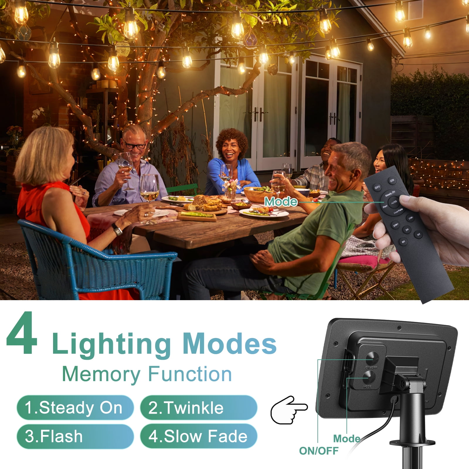 Quntis Solar String Lights Outdoor Waterproof, 57FT Solar Powered Patio String Lights with 15+1Bulb,  Solar String Lights with Dimming& 4 Light Mode for Backyard Party Garden Wedding