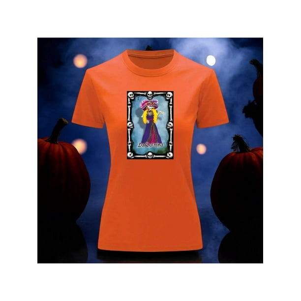 Playera Blusa Con Impresion De La Catrina De Loteria Dia De Muertos Tradicion Mexicana Color Anaranjado Talla Mediana Marca Emil SaEs