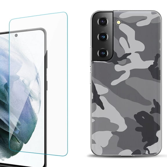 Slim-Fit Fashion Gel Phone Case for Samsung Galaxy S22  5G / S22 Plus 5G, with Tempered Glass Screen Protector, by OneToughShield ® - Camo B/W