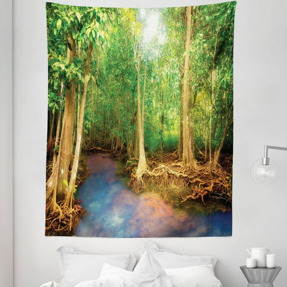 East Tapestry, Roots of Mangrove Trees Turquoise Creek Nature Wildlife Themed Print, Fabric Wall Hanging Decor for Bedroom Living Room Dorm, 5 Sizes, Green Brown, by Ambesonne