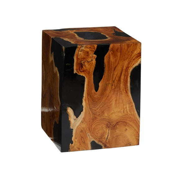 DecMode 12" x 15" Brown Teak Wood Block Abstract Accent Table with Black Resin Inlay, 1-Piece