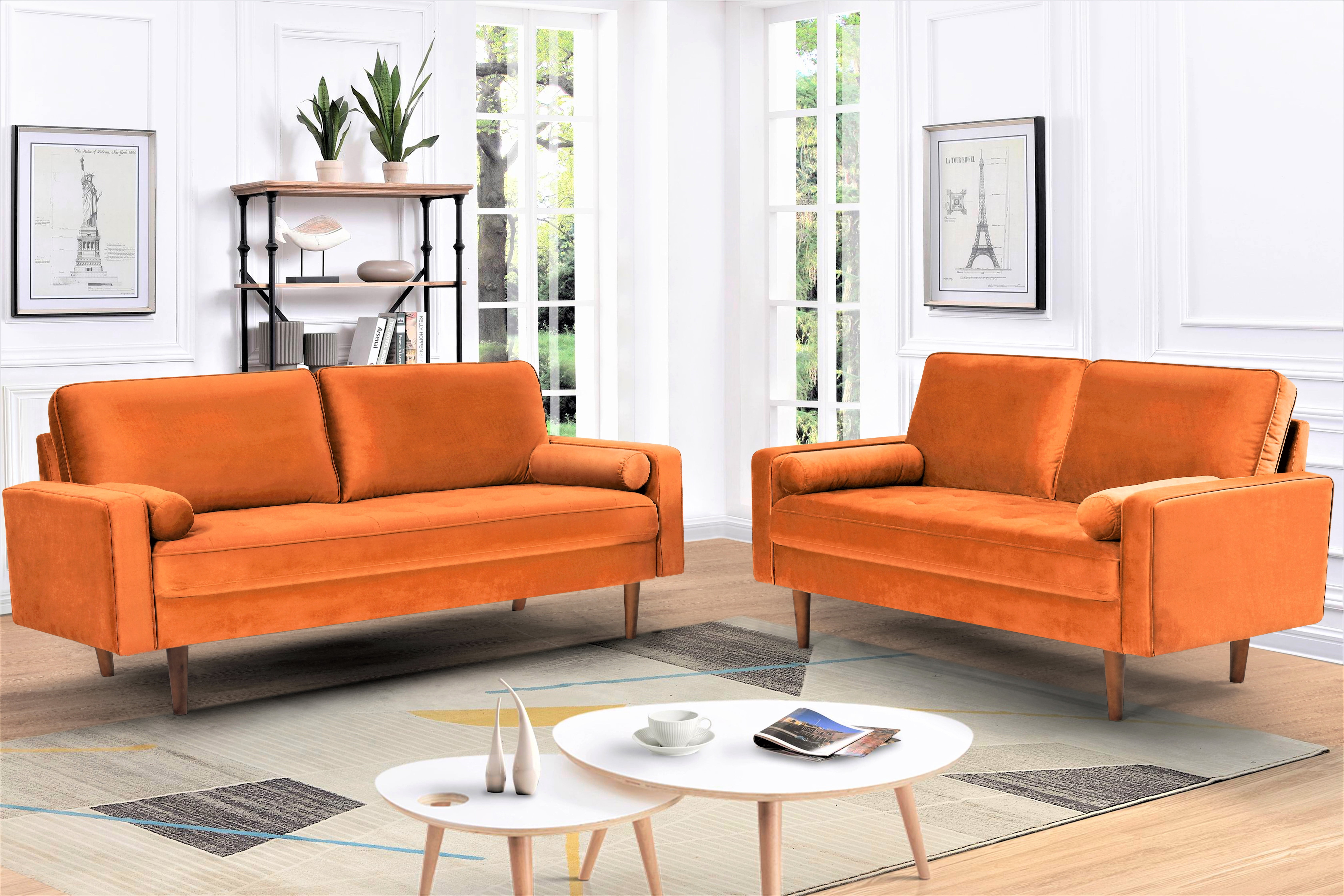 US Pride Furniture  Monahan Velvet 2PC Living Room Sets Sofa Loveseat Orange