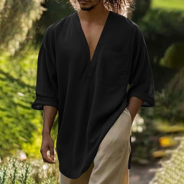 Ftwytp Chemise Tunique à Col en V pour Hommes en Coton Lin Décontractée pour Fête Plage Travail