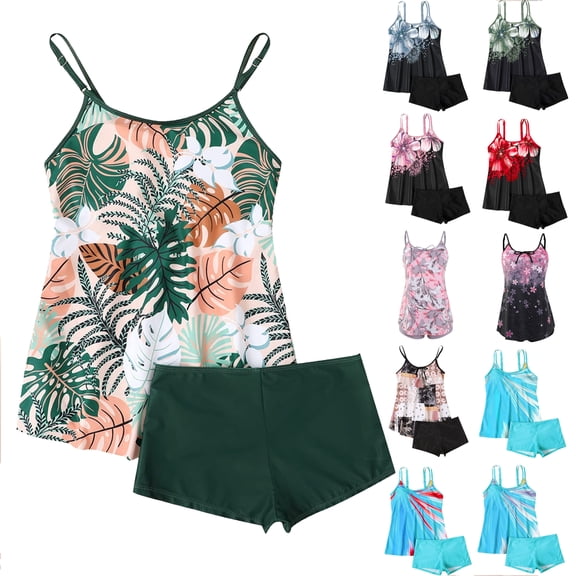 Tqyyweavej Womens Tankini Swimsuits Adjustable Straps Print Slim Bathing Suits Tops and Tight Solid Color High Waisted Swim Pants