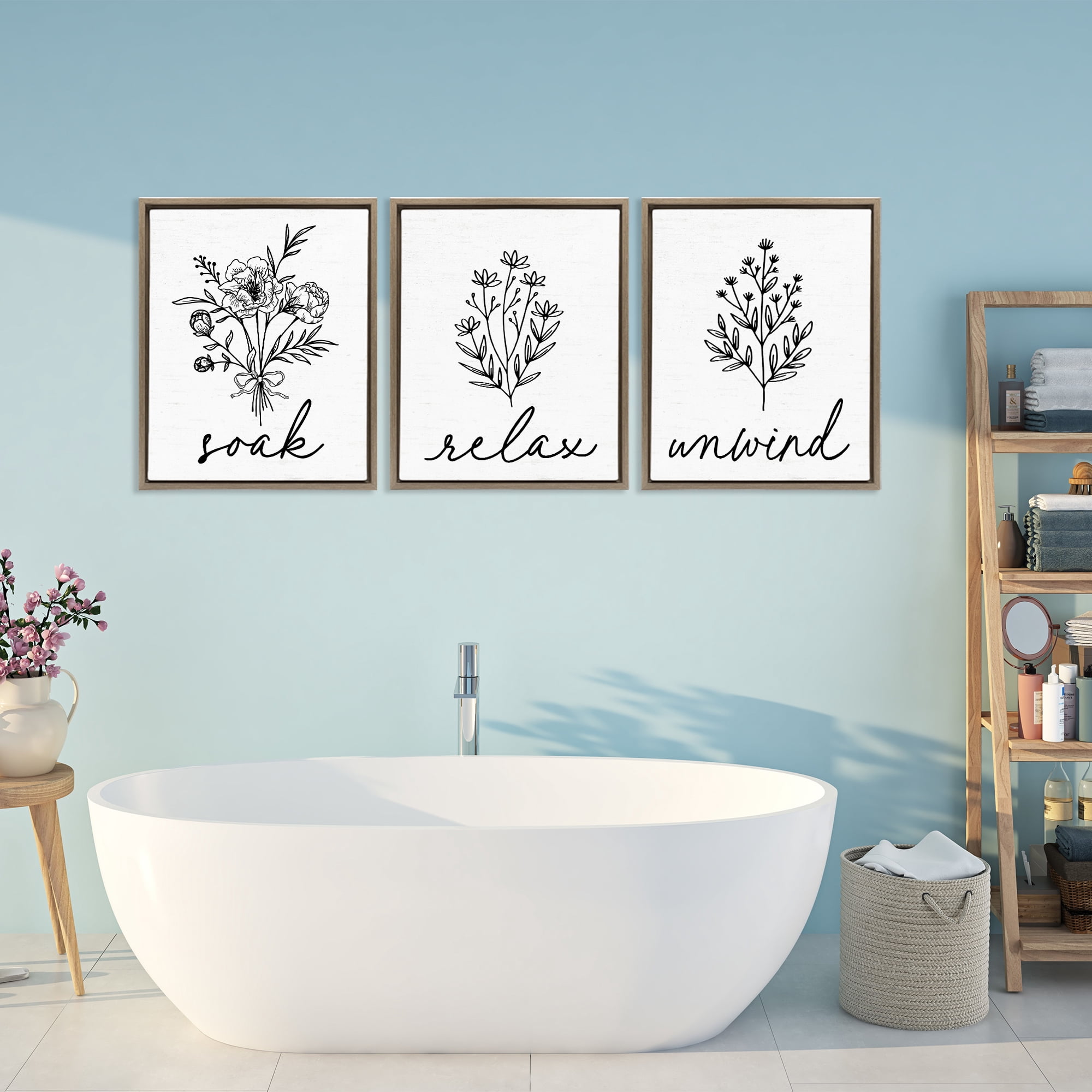 Bathroom Herbs for Relaxation 3 Piece Brown Framed Floater Canvas Set, design by Lettered and Lined