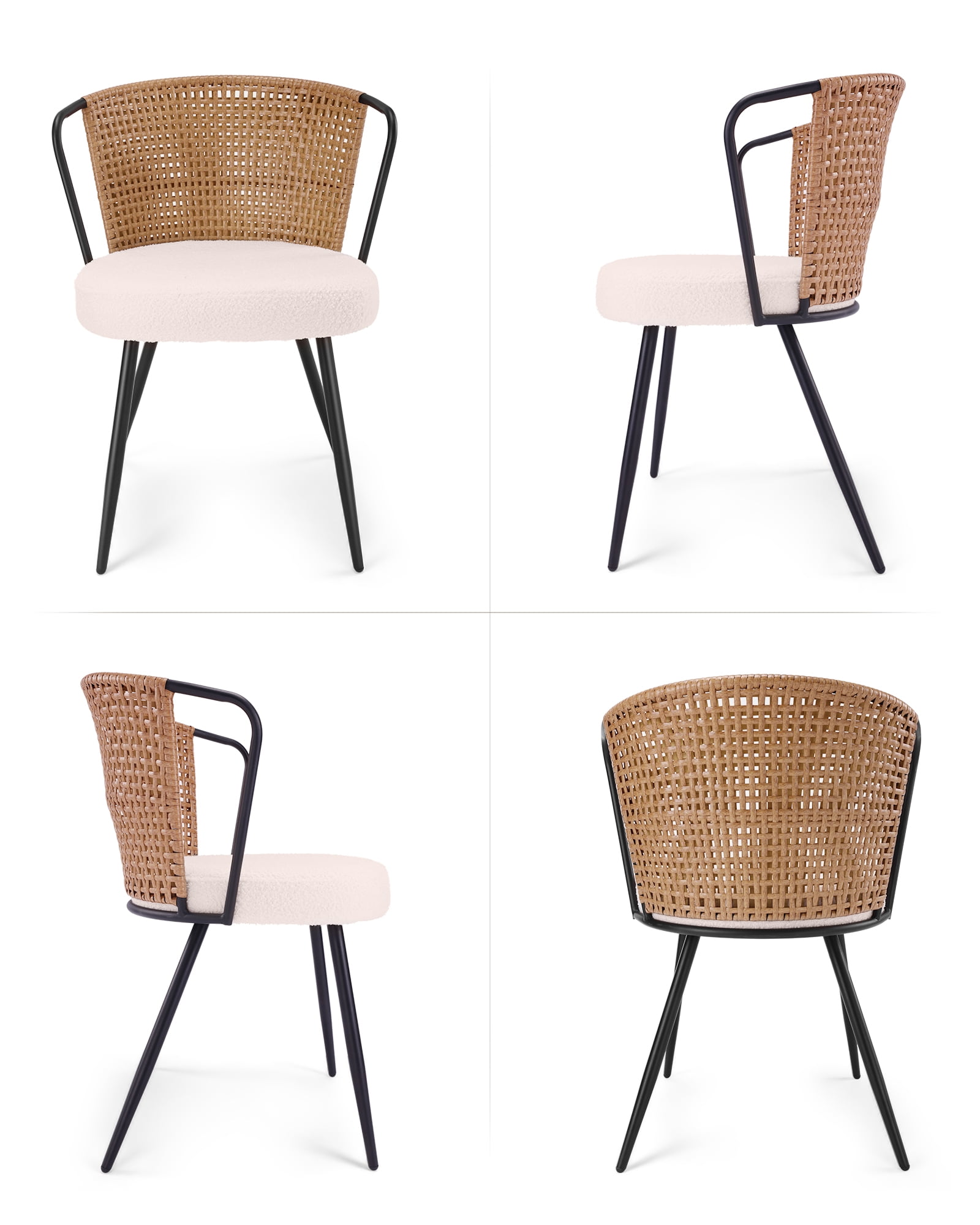 Dining Chairs Set of 2,SailvanUpholstered Mid-Century Rattan Chairs, Kitchen Dining Chairs with Rattan Backrest & Boucle Cushion,Farmhouse Accent Chair Side Chair with Metal Leg,Brown