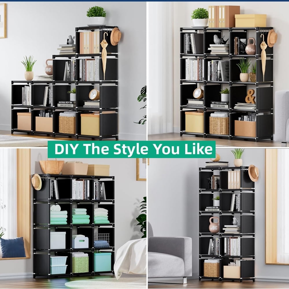 DERCLIVE DIY Grid Shelf Bookshelves, Bookcase 12 Cube Storage Organizer Tall Portable Bookshelf Vertical Shelves for Storage, Black