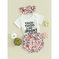 thumbnail image 3 of Cenuakty Baby Girls 3PCS Shorts Sets, White Short Sleeve Letter Print Romper Pumpkin/Floral/Skull Head Print Shorts Headband Sets, 3 of 9