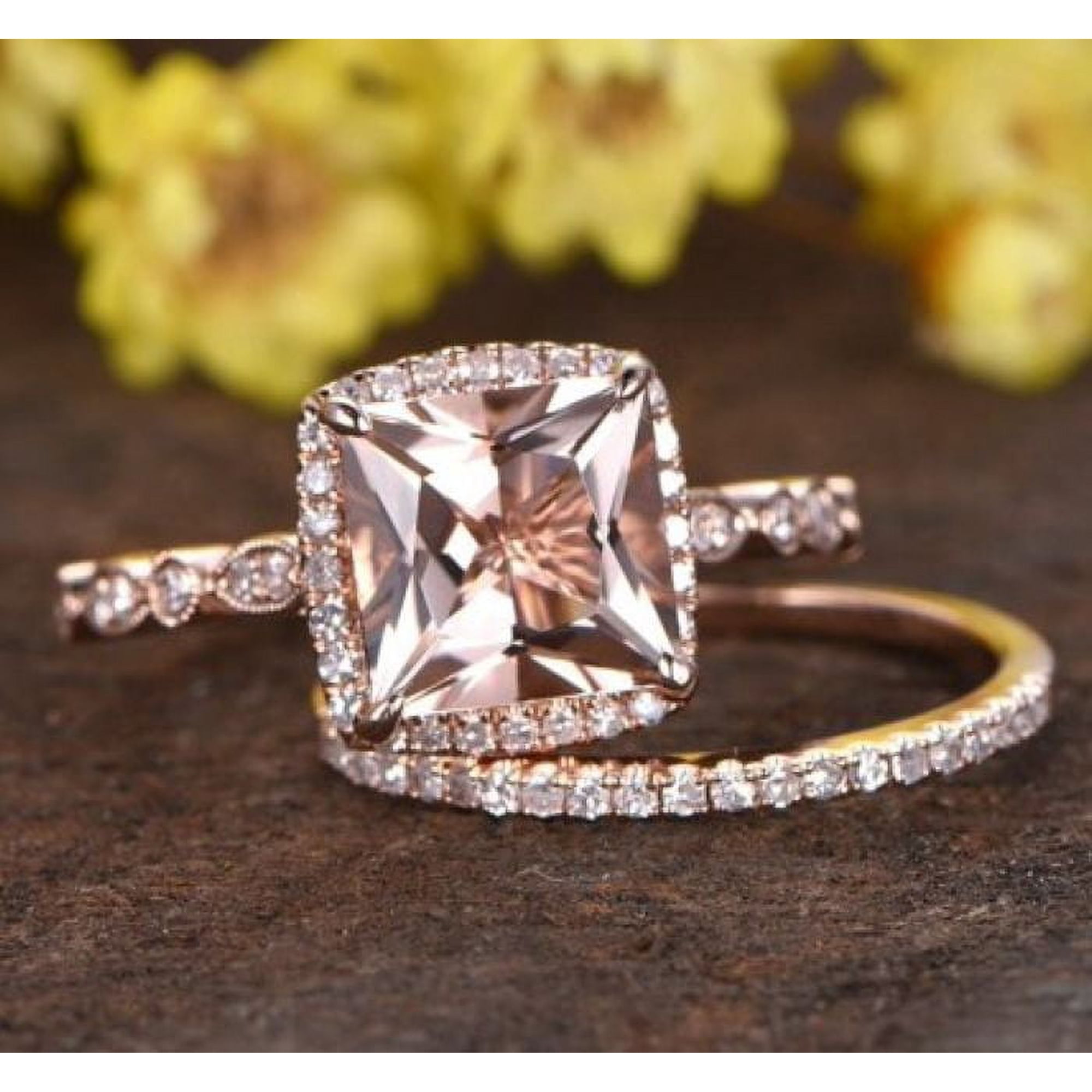 JeenMata Art Deco 1.50 carat Princess Cut created morganite and Moissanite Halo Engagement Bridal Set in Rose Gold