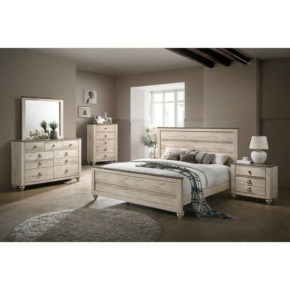 Modern Bedroom With Queen Size. Dresser, Mirror, Nightstand, Chest Included. Solid Wood Frame. Walnut Brown Finish. Smooth-gliding Drawer Slides. Furniture White Wash Furnishings. Bed, Chest.