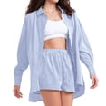 thumbnail image 3 of JULMCOMO 2 Piece Sets for Women Striped Button Down Long Sleeve Shirts Drawstring Wide Leg Summer Shorts Cruise Lounge Outfits Light Blue XL, 3 of 6