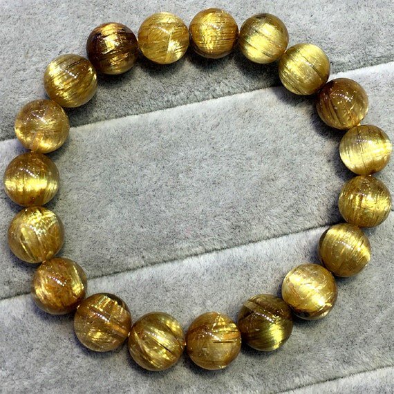 Natural Golden Hair Rutile Quartz 10mm Round Shape Smooth Cut Beads Stretchable Bracelet for Men & Women.