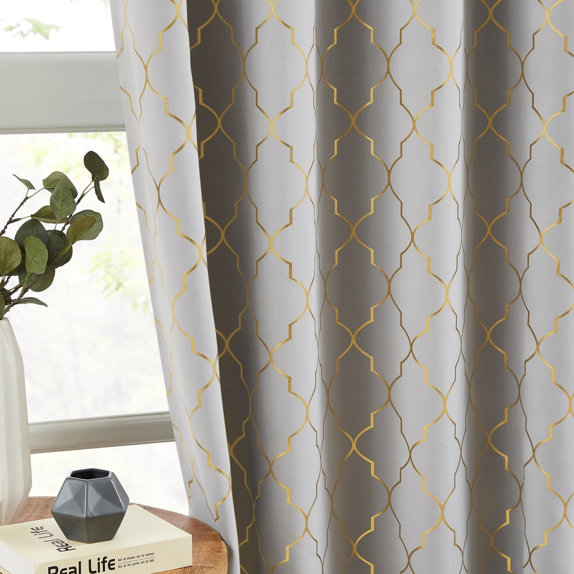 Bohogeo Grey Full Blackout Window Curtain Panels with Gold Geo Moroccan Metallic Printed Pattern,Modern Grommet Drapes for Bedroom,Thermal Insulated Window Treatment,52" Wx84 L(Pack of 2),Grey/Gold