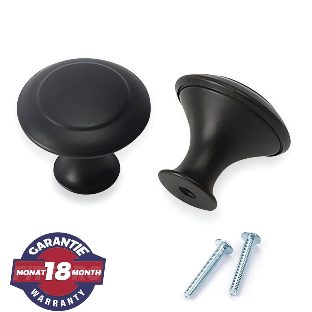 30 Pack Round Kitchen Cabinet Knobs, 1.2" 30mm Flat Black Zinc Round Drawer Knob for Cabinets Dressers,with Screw