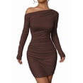 thumbnail image 3 of Women'S Off-The-Shoulder Long-Sleeved Ruffled Bodycon Cocktail Mini Dress Coffee S, 3 of 10