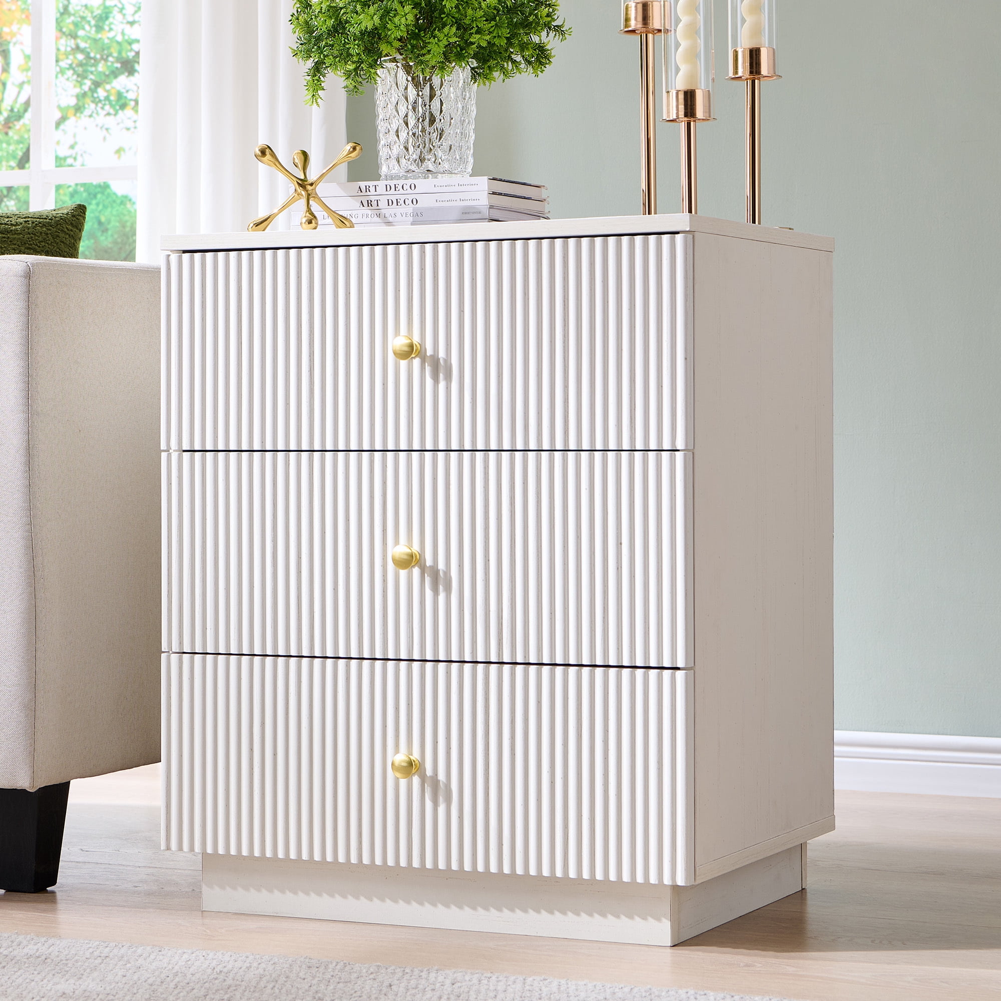 wow97e Modern Fluted Nightstand with Charging Station, 21.65" End Table with 3 Drawer, Bedside Table for Bedroom, Living Room