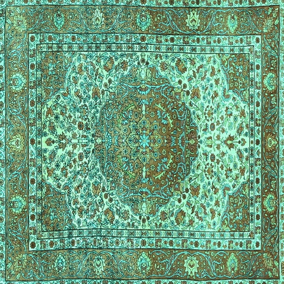 Ahgly Company Machine Washable Indoor Square Medallion Turquoise Blue Traditional Area Rugs, 5' Square