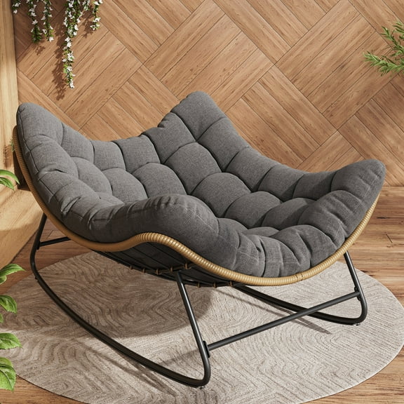Poteban Outdoor Rocking Chair, Indoor Papasan Chair, Oversized Egg Rocking Chair with Thick Cushion, Rattan Wicker Rocker Lounge Chair for Bedroom, Living Room, Patio, Garden, Porch (Dark Grey)