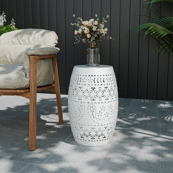 9.4" Steel Patio End Table, Round Hollow Drum Side Table, Accent Table for Indoor and Outdoor, White