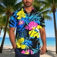 thumbnail image 2 of YLSDY Men's Neon Hibiscus Print Hawaiian Shirt, Bright Floral Pattern on Black, Short Sleeve Button-Down Casual Top Blue XXXXL, 2 of 6