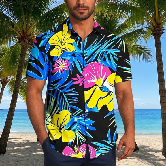 LEKWK Hawaiian T-Shirts for Men Short Sleeve Collared Button Down Shirts Lightweight Floral Print Loose Fit Beach Party Vacation Wear Blue XXXL