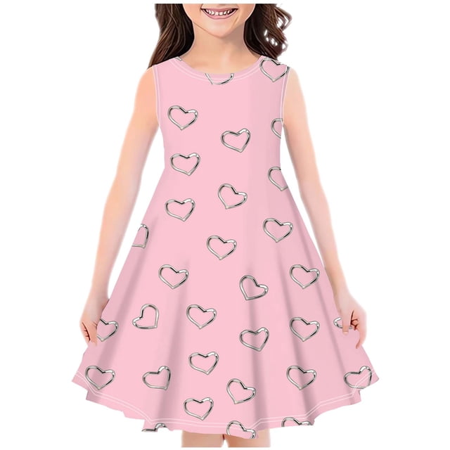 Zwiiyzr Robe d'Été pour Petites Filles 4-14 Ans Col Rond Sans Manches Évasée Robe Soleil Enfants Décontractée Florale Robe Trapèze Orange
