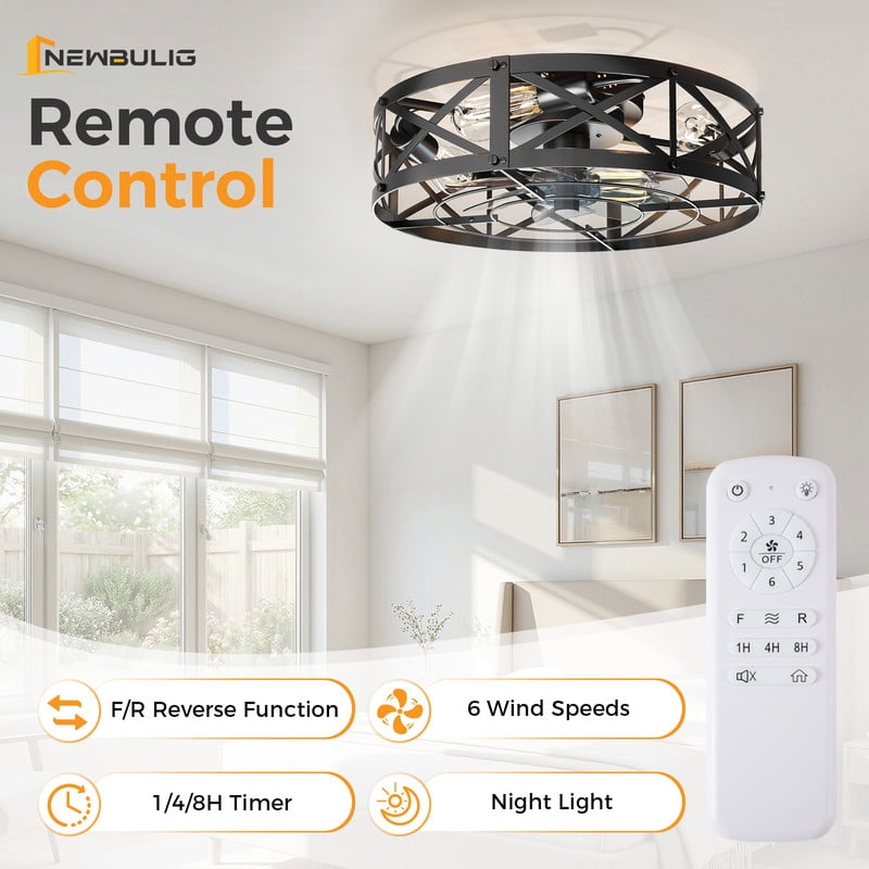 Gianna 19 Inch Ceiling Fans with Lights, Caged Ceiling Fan with Remote, Farmhouse Low Profile Fandelier, Flush Mount for Living Room Bedroom,6 Wind Speeds, Black