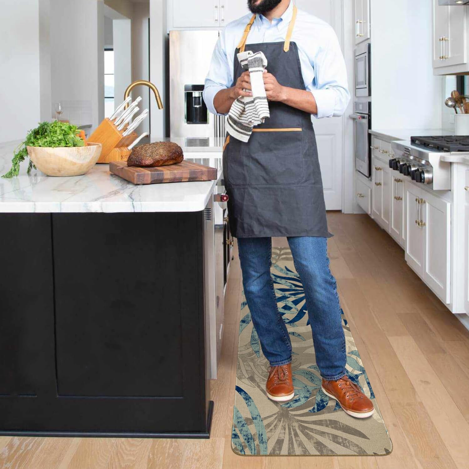 Boho Kitchen Mat Set of 2,Tropics Palm Leaves Kitchen Rugs and Mats Non Skid Washable,Bohemia Farmhouse Runner Rugs with Rubber Backing for Kitchen Decor Accessories (17"x47"+17"x30")