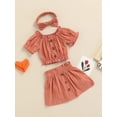 thumbnail image 3 of Chollius 3pcs Baby Girls Summer Set Solid Color Boat-neck Button Short Sleeve Tops Elastic High Waist Skirt Bow Headband, 3 of 8