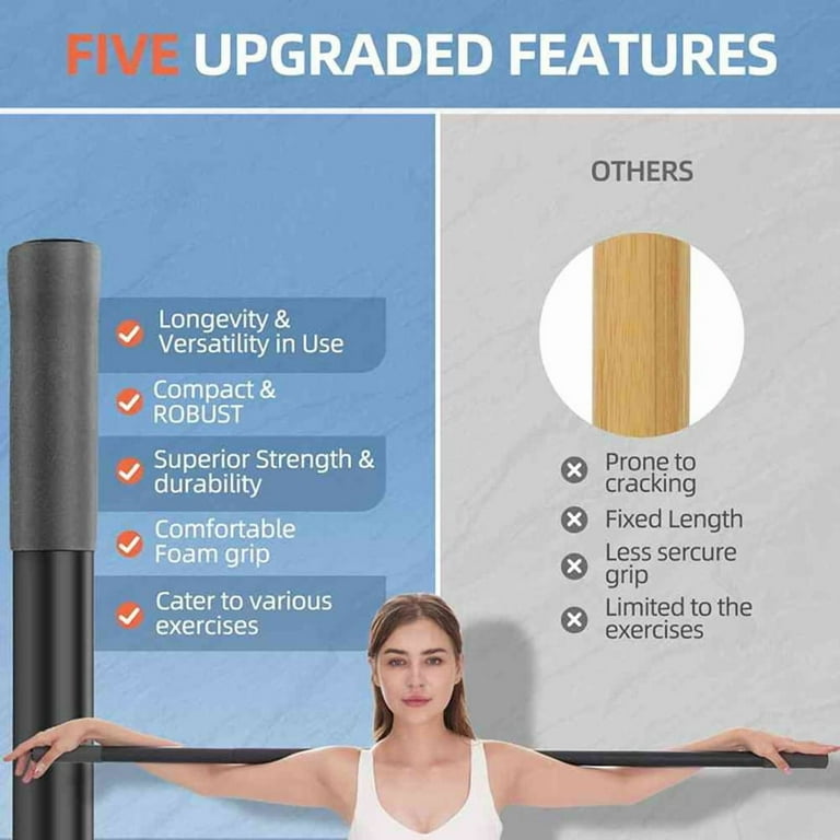 Posture Stick RACOC 5 Ft Adjustable Yoga Stick - Steel Stretching Bar For Mobility, Flexibility, Balance, Posture | Non-Slip Foam Handles, Portable Exercise Stick Pole Fitness Pole