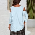 thumbnail image 4 of Htigea Women's Cold Shoulder Shirts Eyelet 3/4 Sleeve Tops Hollow Out V Neck Pullover Ladies Tunic Blouse for Going Out Light Blue,3XL, 4 of 7