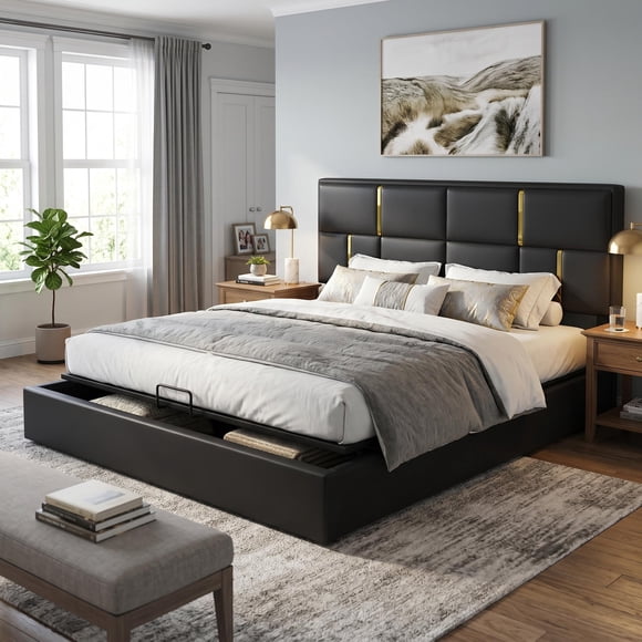 Homy Casa Queen Size Upholstered Platform Bed with Hydraulic Storage, Gold Headboard, Sturdy Metal Frame, Black, Easy Assembly